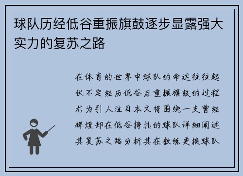 球队历经低谷重振旗鼓逐步显露强大实力的复苏之路